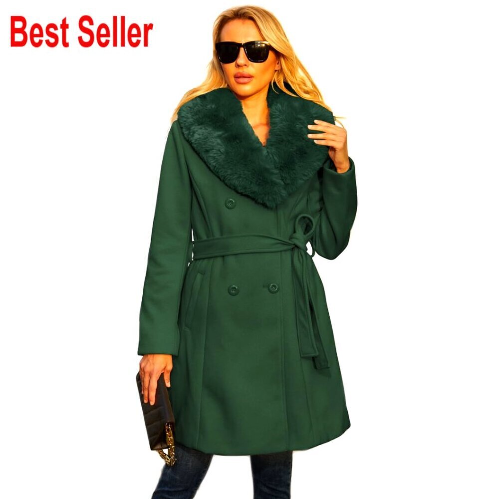 Long Faux Leather Pea Coat Winter Trench Coat Wrap Coat